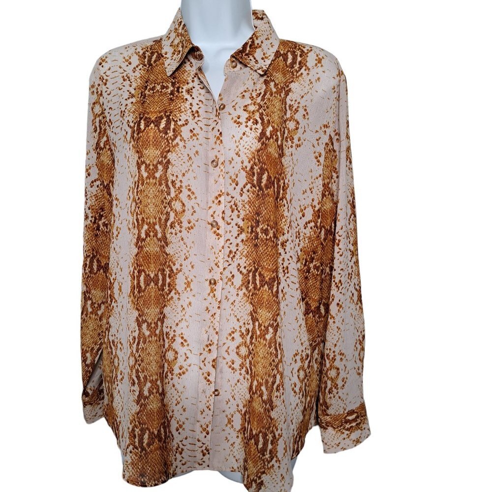 NEW Rachel Zoe Brown Cream Animal Print Long Sleeve Button Down Blouse Medium